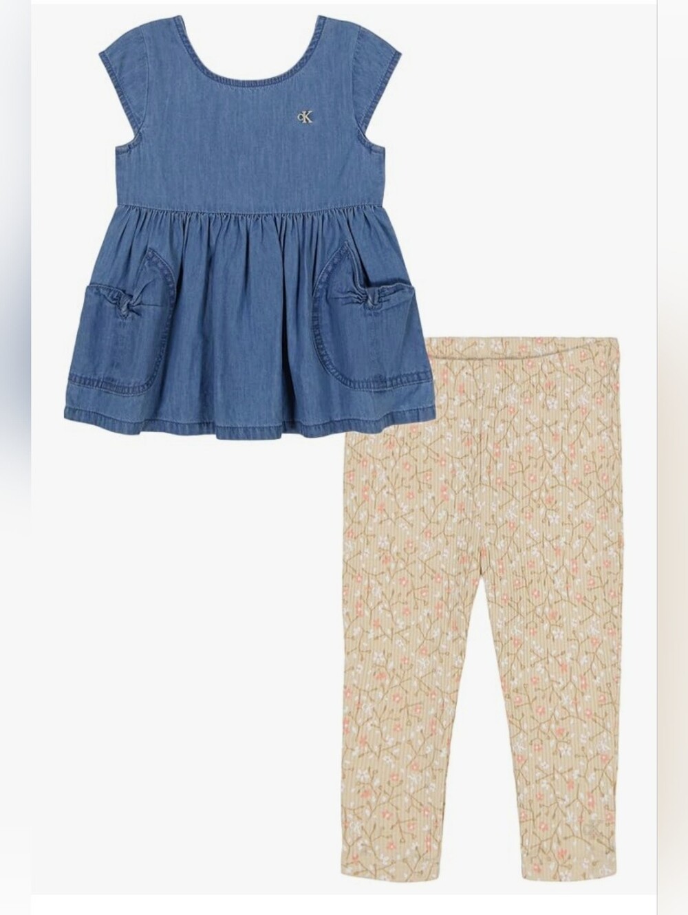 NWT Calvin Klein Baby Girls' 2 Piece Chambray Denim Tunic & Floral Set- 4T- Sun